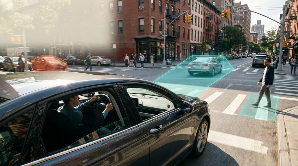 Advanced driver assistance systems helping a modern vehicle detect traffic hazards on an urban road