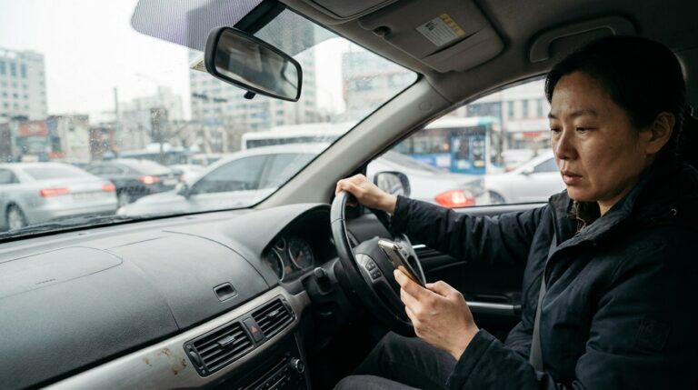 Distracted driver glancing at a smartphone while traveling in urban traffic