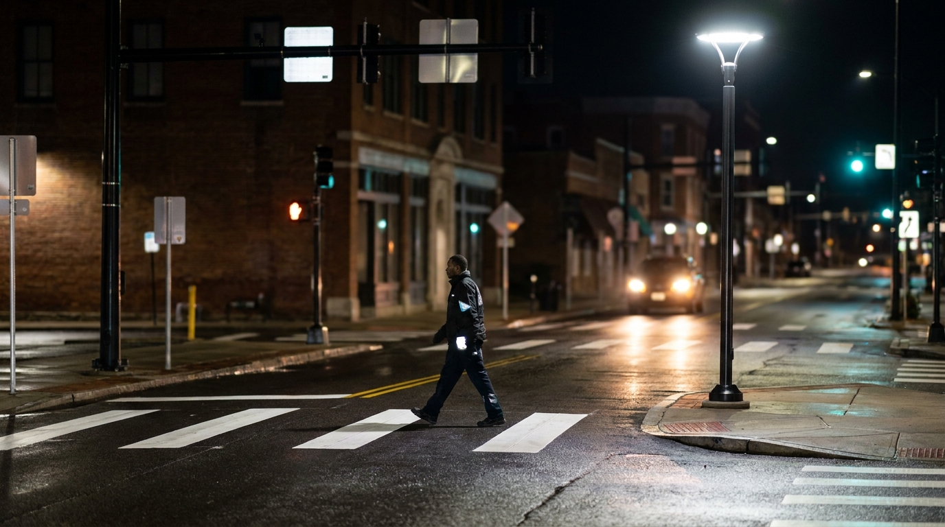 Pedestrian safety at night improved by street lighting and a clearly marked crosswalk