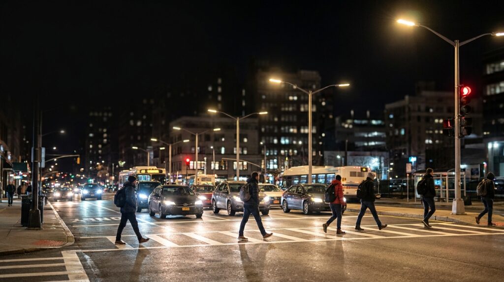 Pedestrian safety at night on a well-lit urban crosswalk with approaching vehicles