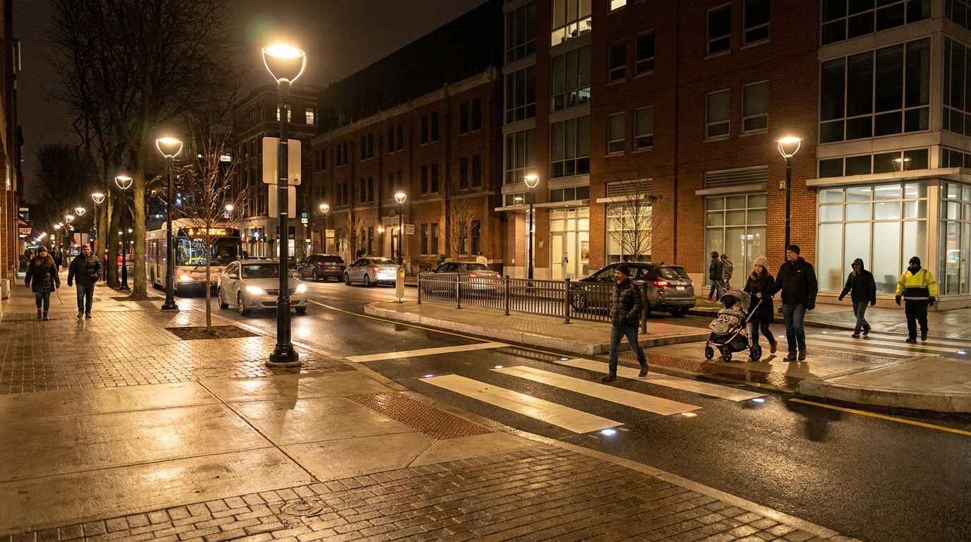 Pedestrian safety at night supported by roadway lighting curb extensions and slower traffic