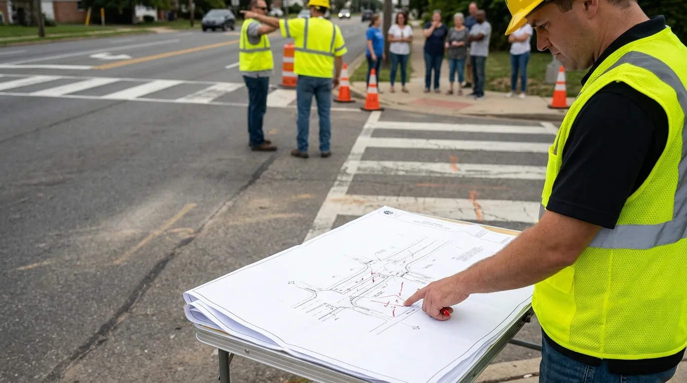 Road safety professionals reviewing a safer street design beside an urban roadway