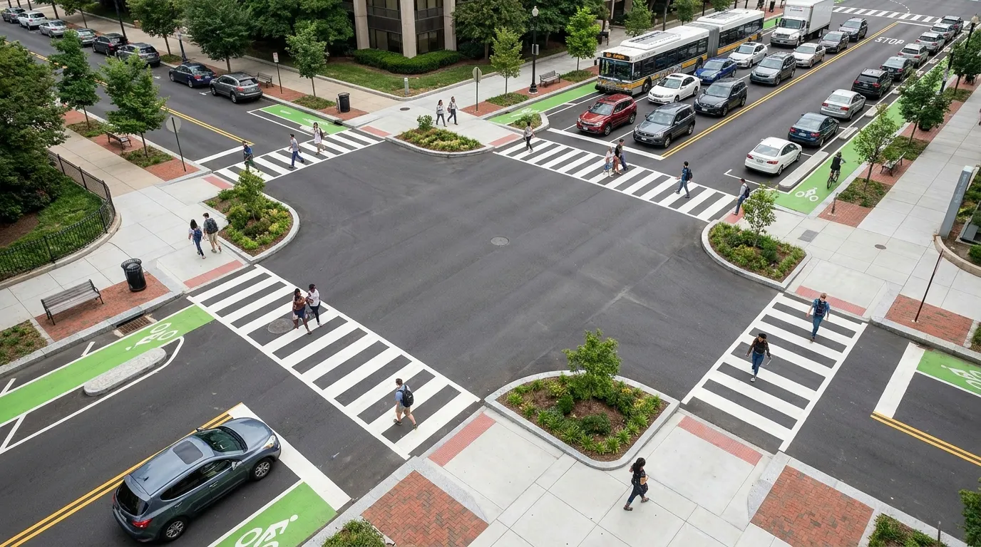 Signalized intersection with protected crossings and road design features that reduce crash risk