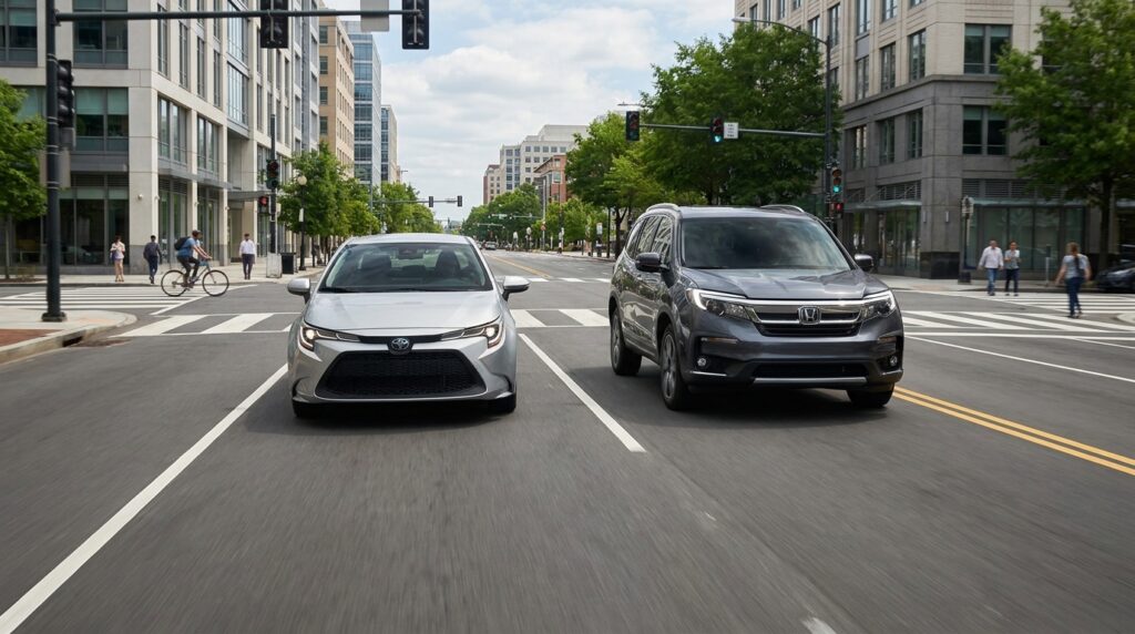 Small cars vs SUVs safety comparison on a modern urban roadway
