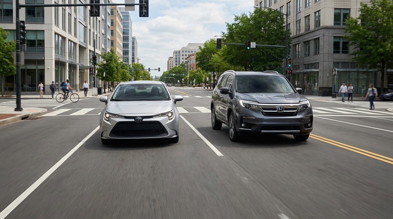 Small cars vs SUVs safety comparison on a modern urban roadway
