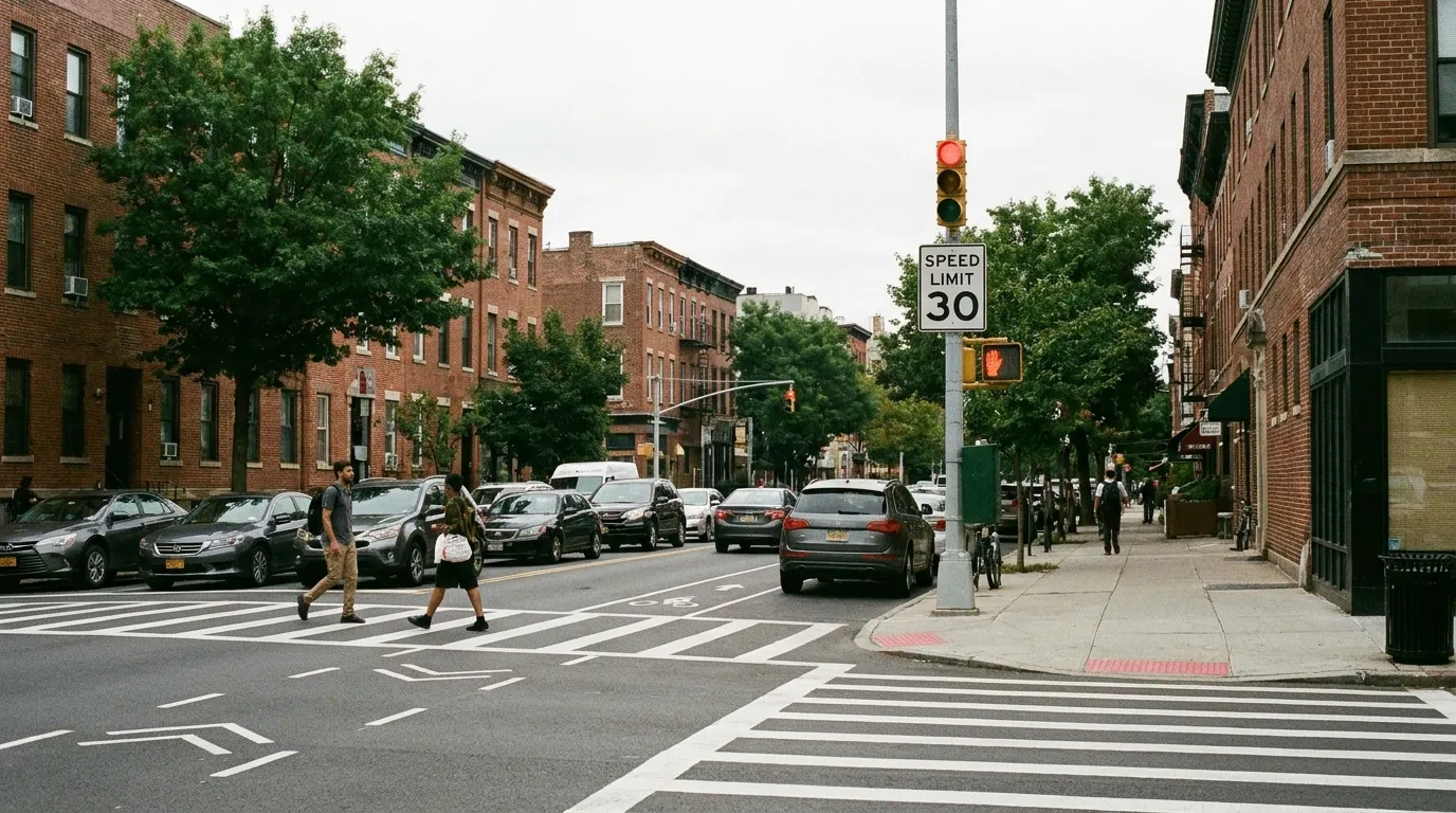 Urban road with traffic controls speed limit sign and marked pedestrian crossing