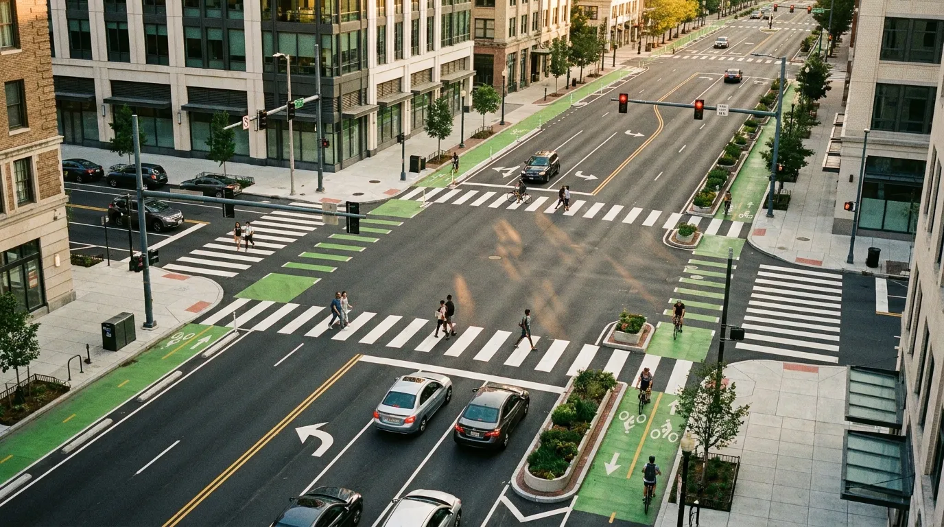 Well-designed intersection showing road features that support crash prevention
