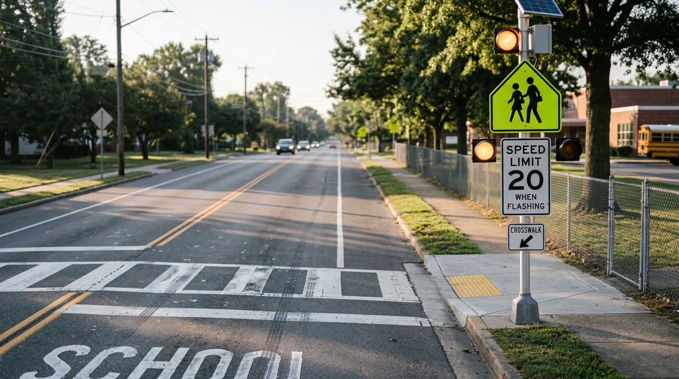 Active school-zone warning signs and flashing beacons that drivers and automated vehicles must recognize