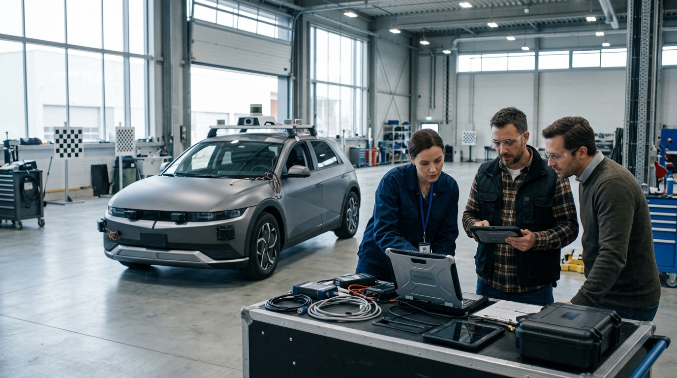 Automotive safety engineers evaluating autonomous vehicle sensors and school-zone speed recognition